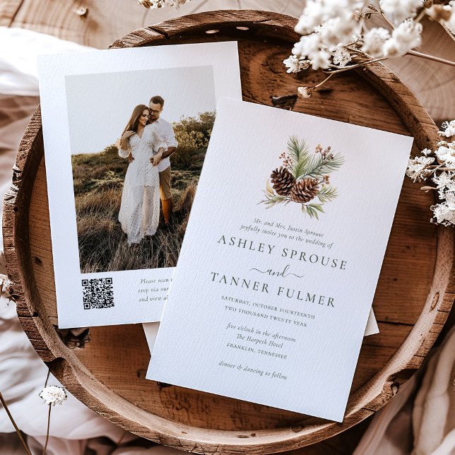 Convite Casamento Foto Código QR de Pinheiro Verde de Inve (Criador carregado)