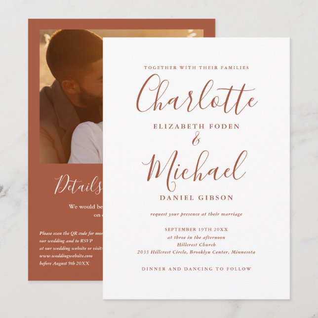 Convite Casamento Foto Código QR Elegante Script Terracota (Frente/Verso)