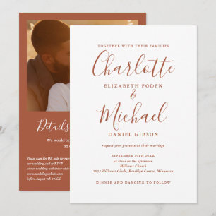 Convite Casamento Foto Código QR Elegante Script Terracota