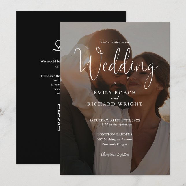 Convite Casamento Foto Código QR Script Moderno Elegante (Frente/Verso)