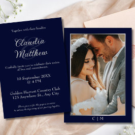 Convite Casamento Foto com Grafia Azul e Prata Elegante