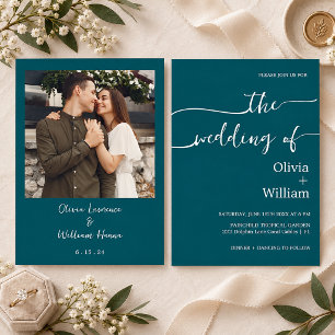Convite Casamento Foto com Letra Manuscrita em Azul Verde