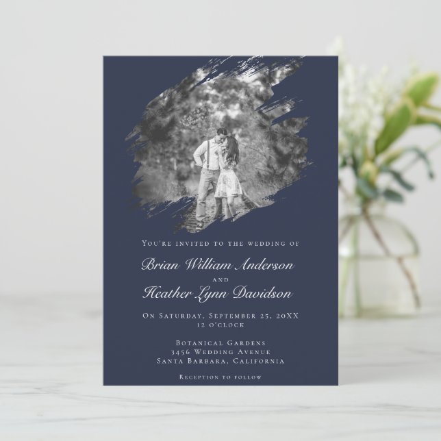 Convite Casamento Foto com Pincelada Moderna | Azul Naval (Em pé/Frente)