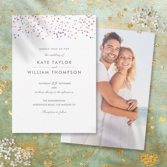 Convite Casamento Foto Confetes Arco-íris Moderno (Modern Rainbow Confetti Photo Wedding Invitation)