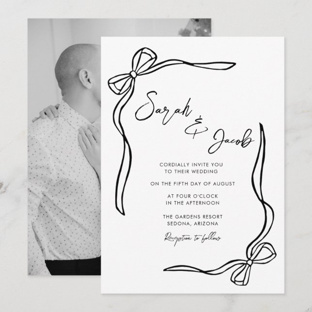 Convite Casamento Foto Coquette Preto e Branco (Frente/Verso)