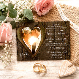 Convite Casamento Foto Coração Árvore Madeira Rústica