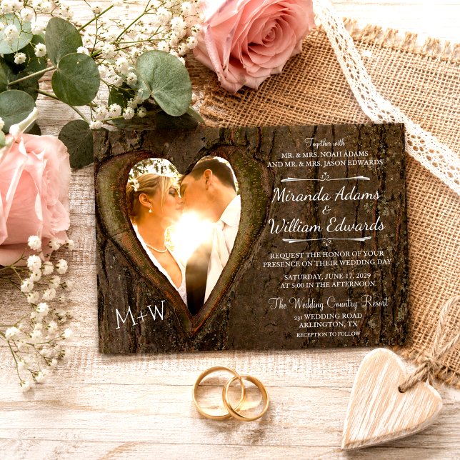 Convite Casamento Foto Coração Árvore Madeira Rústica (Criador carregado)