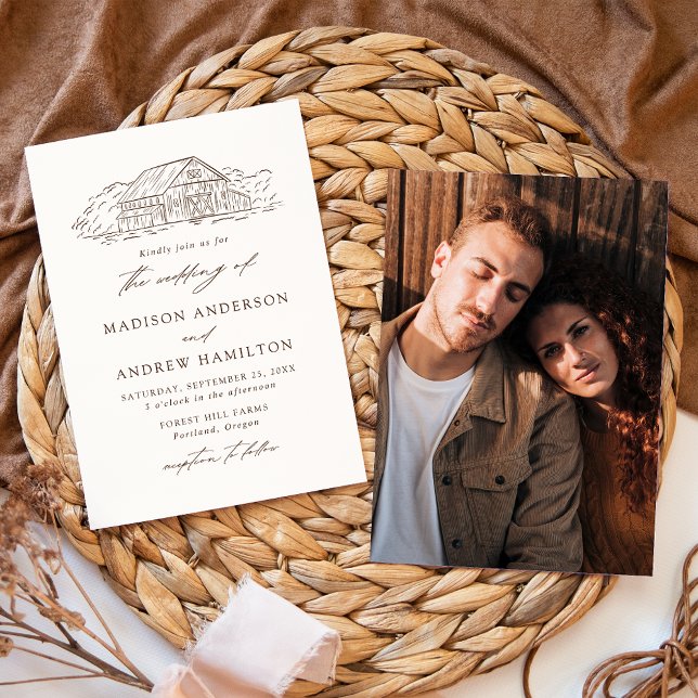 Convite Casamento Foto de Celeiro Rústico Creme e Marrom E (Criador carregado)