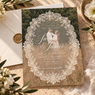 Convite Casamento Foto de Renda Vintage Romântico