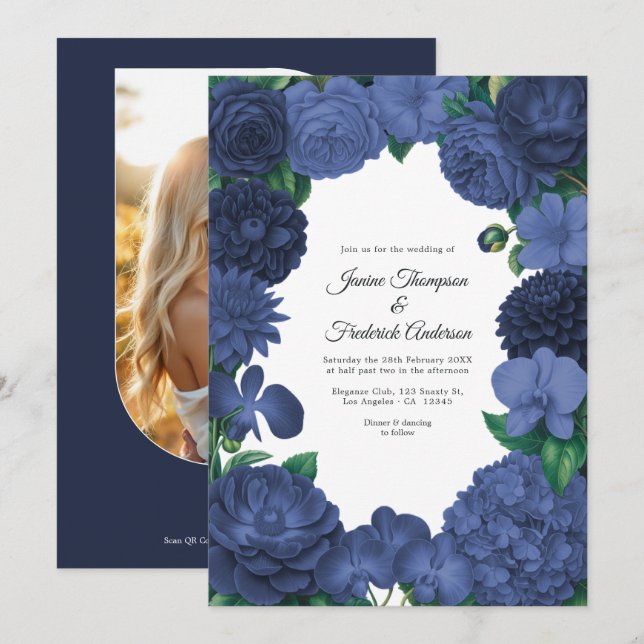 Convite Casamento Foto e Código QR Floral Azul Marinho (Frente/Verso)