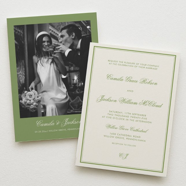 Convite Casamento Foto Elegante Verde Sage (Criador carregado)