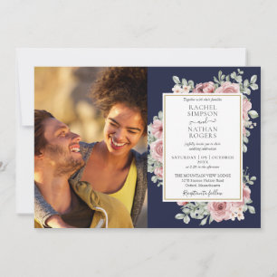 Convite Casamento Foto Floral Azul Marinho Dourado