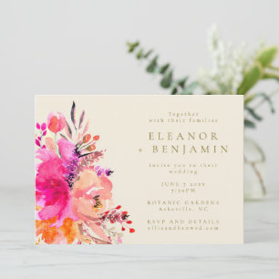 Convite Casamento Foto Floral Chic Moderno Rosa Aquarela