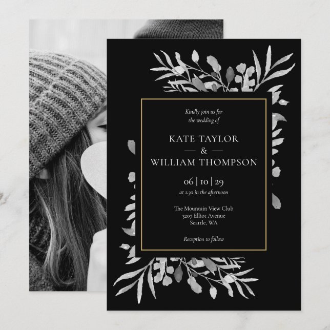 Convite Casamento Foto Folhagem Preto Branco Dourado Elega (Frente/Verso)