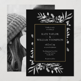 Convite Casamento Foto Folhagem Preto Branco Dourado Elega
