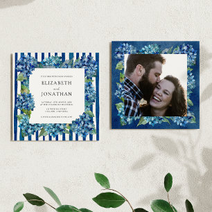 Convite Casamento Foto Listras Hortênsias Azuis Modernas