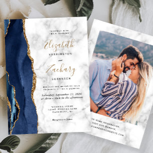 Convite Casamento Foto Mármore Azul Naval Dourado Ágata Mo