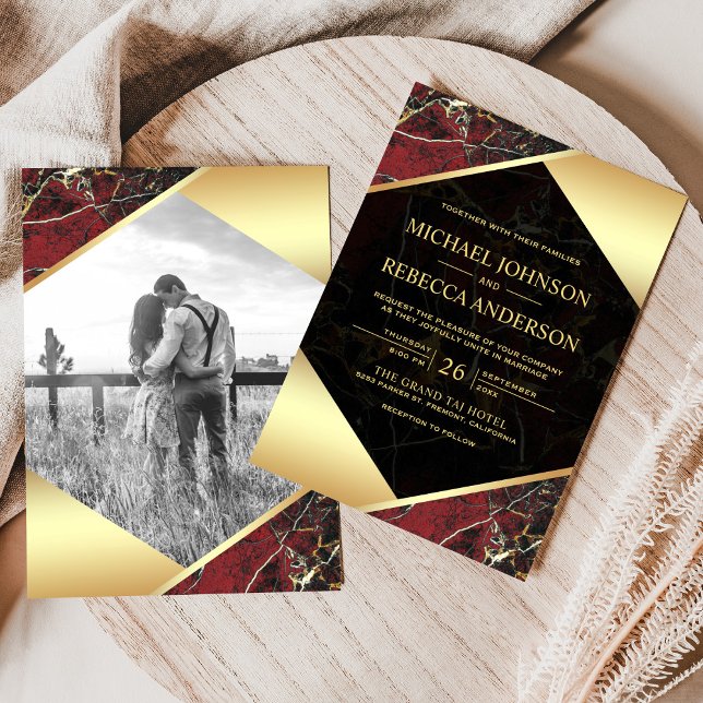 Convite Casamento Foto Mármore Vermelho Borgonha Geométric (Criador carregado)