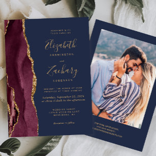 Convite Casamento Foto Moderno Burgundy Dourado Ágata Azul