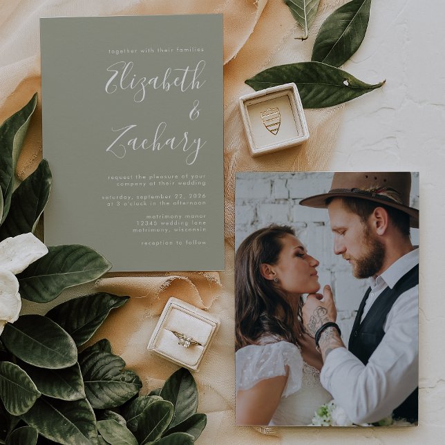 Convite Casamento Foto Moderno Script Verde Sage (Criador carregado)