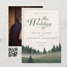 Convite Casamento Foto QR Aquarela Clássica Floresta Verde