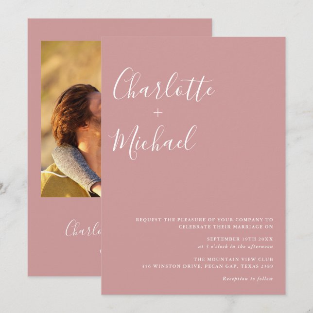 Convite Casamento Foto Rosa Pó Script Minimalista (Frente/Verso)