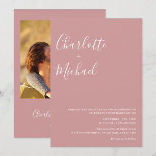 Convite Casamento Foto Rosa Pó Script Minimalista