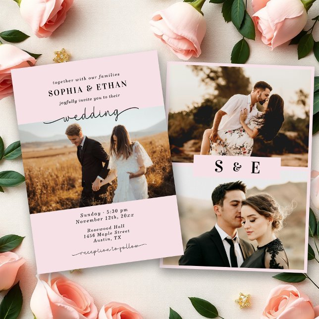 Convite Casamento Foto Rosa Romântico (Criador carregado)
