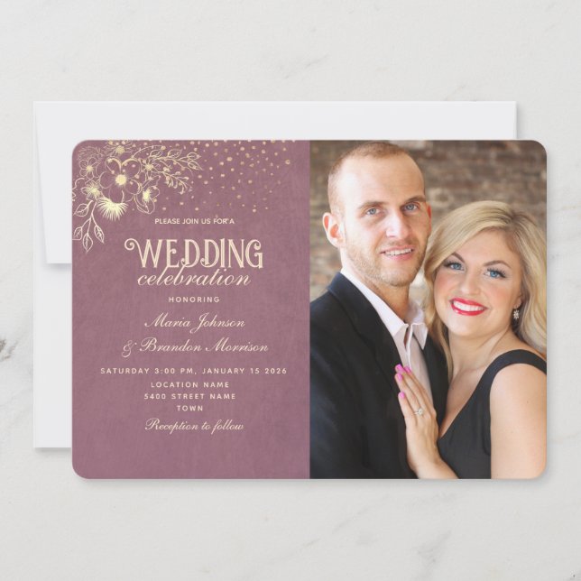 Convite Casamento Foto Roxo Dourado Elegante (Frente)