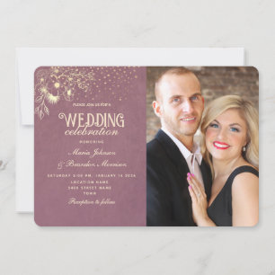 Convite Casamento Foto Roxo Dourado Elegante