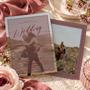 Convite Casamento Foto Script 2 Burgundy Ameixa Moderna