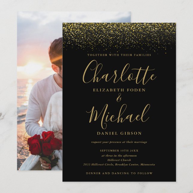 Convite Casamento Foto Script Glitter Preto E Dourado (Frente/Verso)