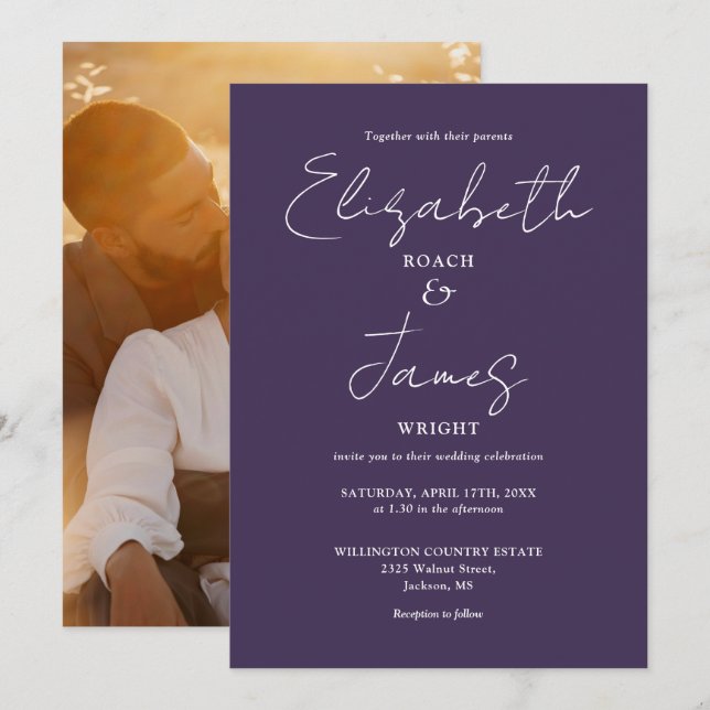 Convite Casamento Foto Script Minimalista Elegante Roxo (Frente/Verso)