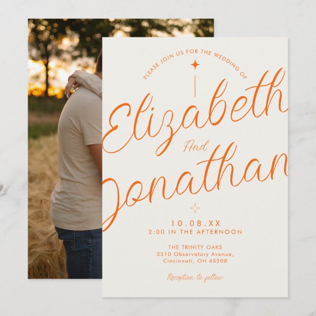 Convite Casamento Foto Script Moderno Ousado Retro Laranja (Frente/Verso)