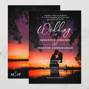 Convite Casamento Foto Silhueta do Pôr do Sol Romântico Mo
