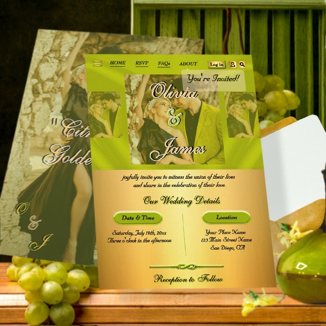 Convite Casamento Foto Sobreposta Ouro Verde Cítrico Moder (Criador carregado)