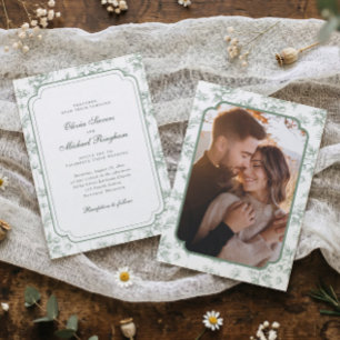 Convite Casamento Foto Toile Francês Vintage Verde Sage