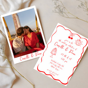 Convite Casamento Foto Vermelha Vintage Funky Desenhada à