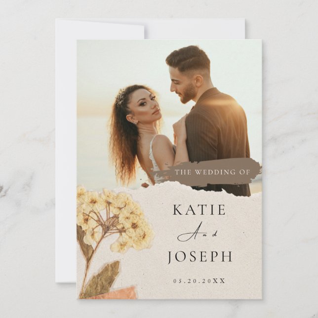 Convite Casamento Fotográfico Boho Elegante Branco e Creme (Frente)