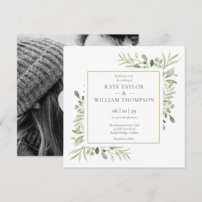 Convite Casamento Fotográfico Botânico Moderno (Frente/Verso)