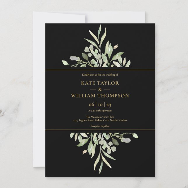 Convite Casamento Fotográfico Botânico Preto e Dourado (Frente)