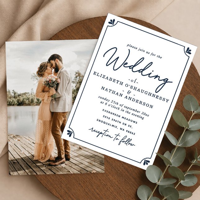 Convite Casamento Fotográfico Branco e Azul com Letra Eleg (Criador carregado)