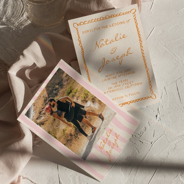 Convite Casamento Fotográfico Colorido com Pinstripes Escr (Criador carregado)