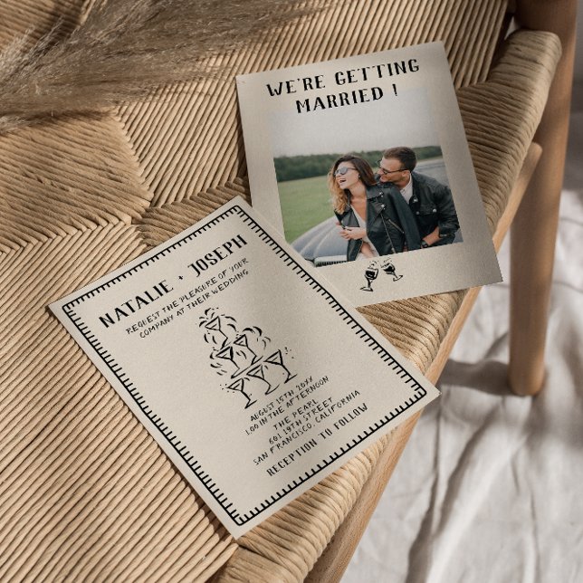 Convite Casamento Fotográfico com Champanhe Desenhado em M (Criador carregado)
