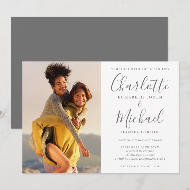 Convite Casamento Fotográfico com Letra de Assinatura Cinz (Frente/Verso)