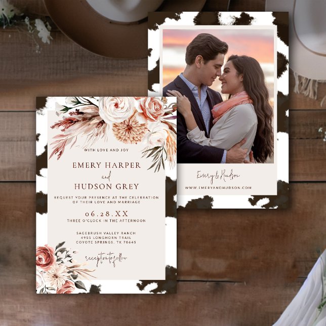 Convite Casamento Fotográfico Cowhide Western Cowboy Ranch (western wedding photo invitation cowhide boho floral ranch country barn terracotta rust rustic)