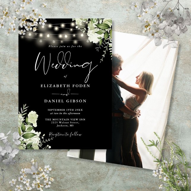 Convite Casamento Fotográfico das Luzes Florais Pretas E B (Black And White Floral String Lights Photo Wedding Invitation)