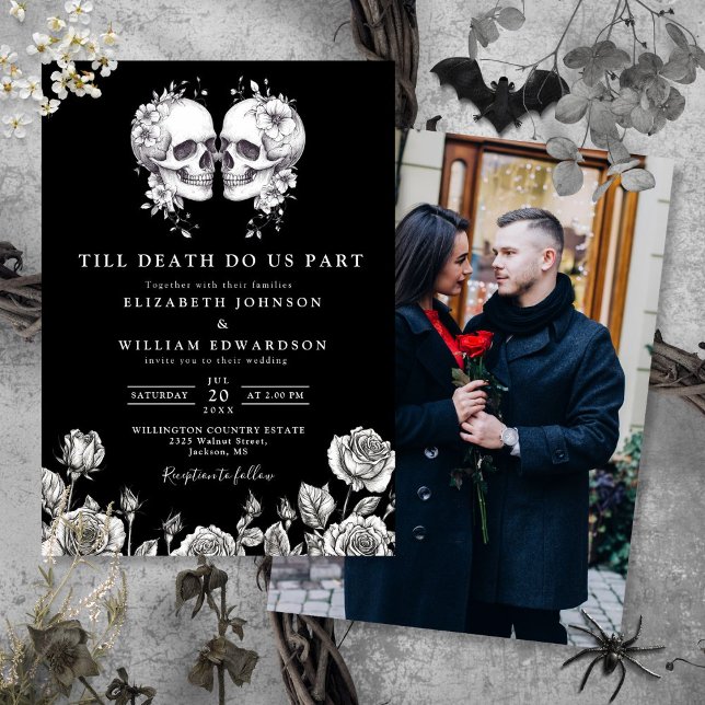 Convite Casamento Fotográfico de Blancos Brancos Negros at (Black White Till Death Gothic Skulls Photo Wedding Invitation)