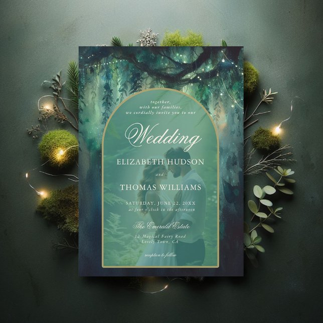 Convite Casamento Fotográfico de Boho Boho Greenery Flores (enchanted forest wedding theme invitation magical fairy garden boho arch photo overlay elegant chic)