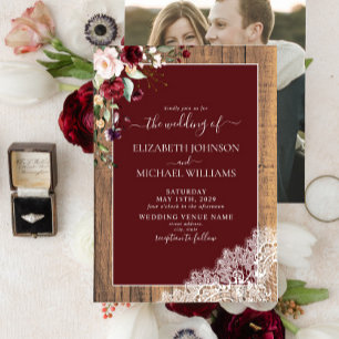 Convite Casamento Fotográfico de Burgundy Blush Botanical
